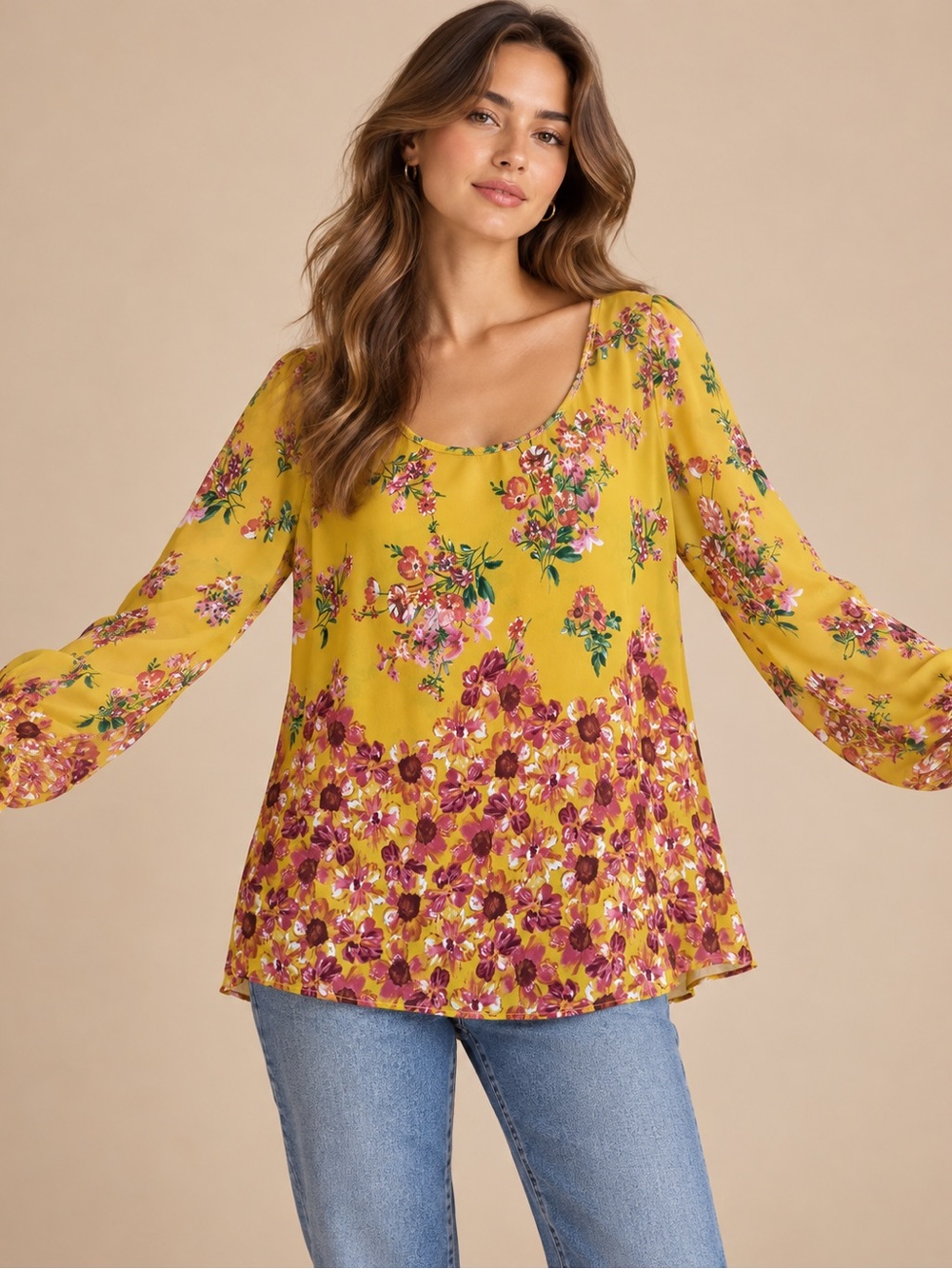 Love 21 Mustard Floral Long Sleeve Blouse Size M